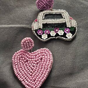 Funky seed bead Beaded heart and “just married” Car and Heart post Earrings